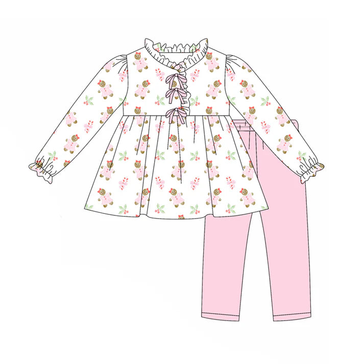 preorder(moq 5) Baby Girls Long Sleeves Pink Gingerbread Holly Tunic Legging Pants Set 7.25
