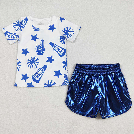 Baby Girls Clothes Boutique Blue Tops Leather Shorts Sets GSSO1938