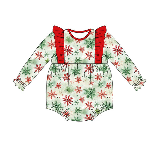 Preorder(moq 5)Baby Girls Green Red Snowflake Plaid Ruffle Rompers 7.18