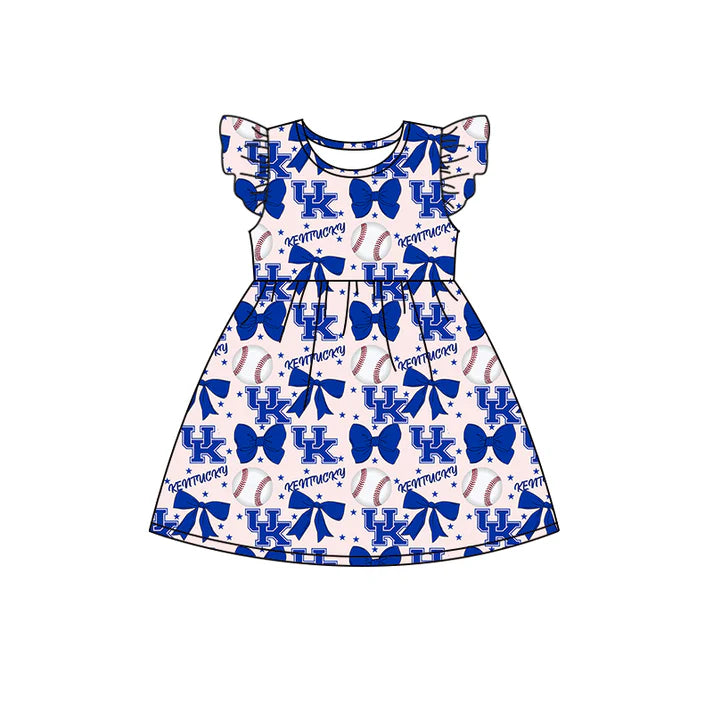 Preorder (moq 5)Baby Girls Flutter Sleeves Baseballs Bows UK Team Knee Length Dresses 6.16