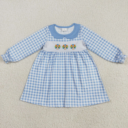 Embroidery Baby Girls Dress Blue Checkered Thanksgiving Turkey Ruffle Knee Length Dress GLD1070 8.5