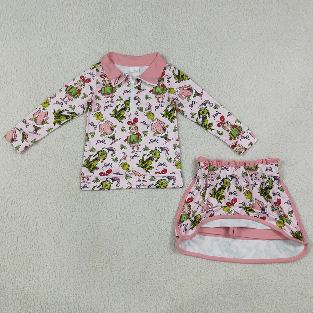 Baby Girls Clothes Pink Gifts Frogs Zip Top Skirt Short Christmas Clothes Sets GLD1610