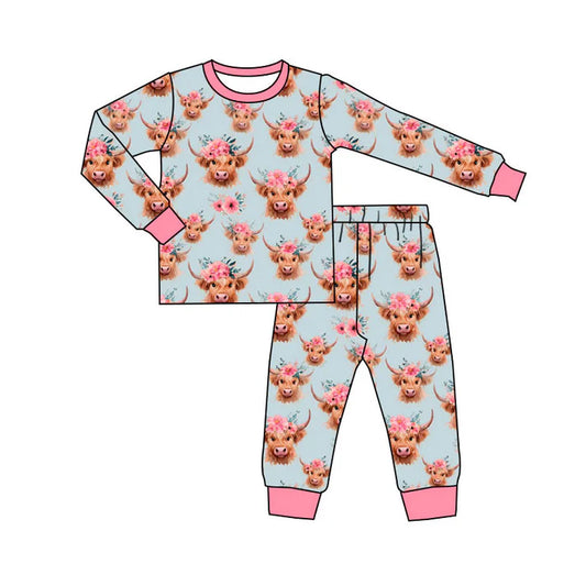 Preorder (moq 5)Baby Girls Pink Flowers Highland Cows Top Pants Western Pajamas Sets 11.19