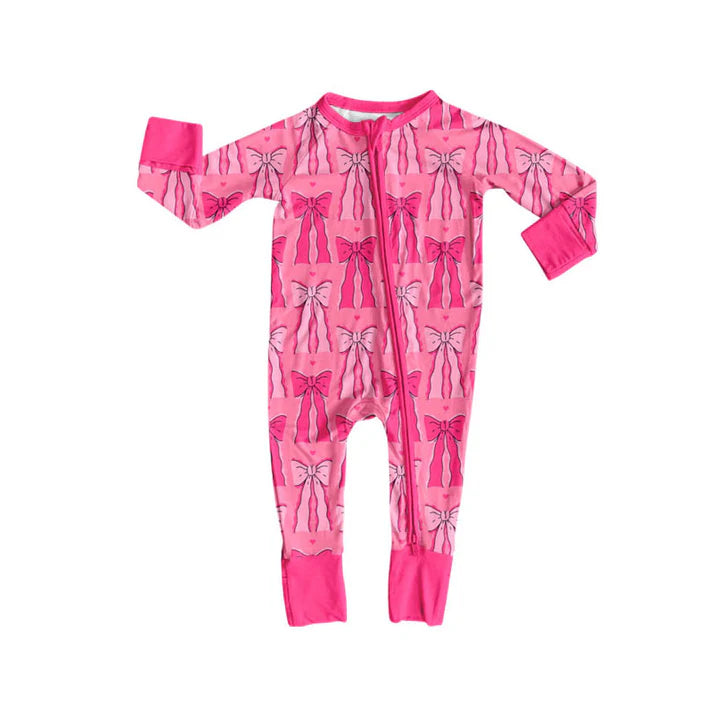 Preorder (moq 5)Baby Girls Hot Pink Bows Valentine Zipper Footie Rompers 9.3