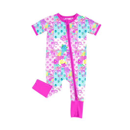 Preorder (moq 5)Baby Girls Hearts Flowers Checked Valentines Two Way Zip Convertible Rompers 12.2