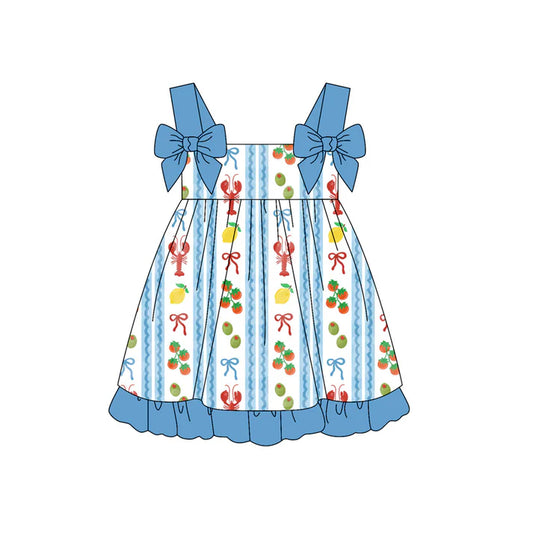 Preorder (moq 5)Baby Girls Strap Crayfishes Fruits Stripe Ruffle Knee Length Dresses 12.6