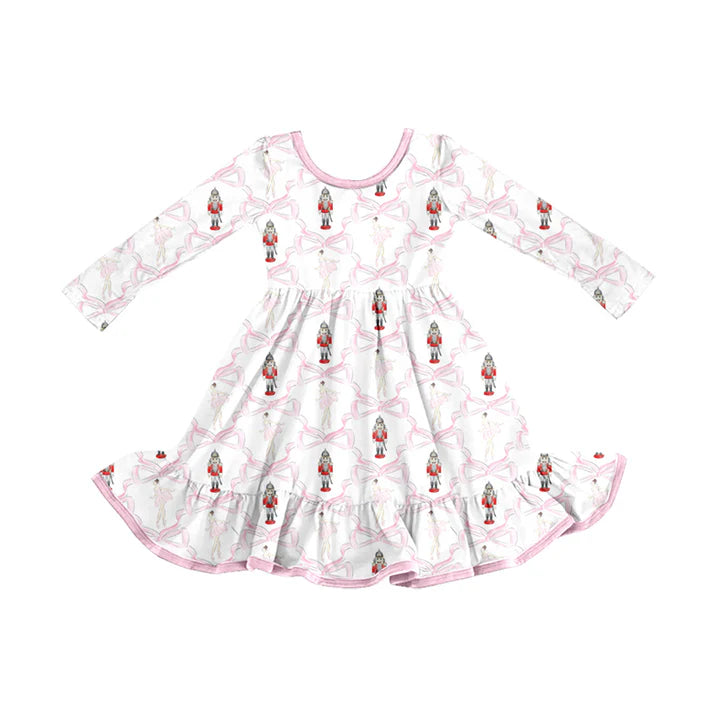 Preorder (moq 5)Baby Girls Christmas Soldier Bows Ruffle Knee Length Dresses 8.14