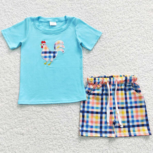Summer Boys Clothes Cotton Chicken Embroidery Plaid Shorts Sets GSSO0313 BSSO0270