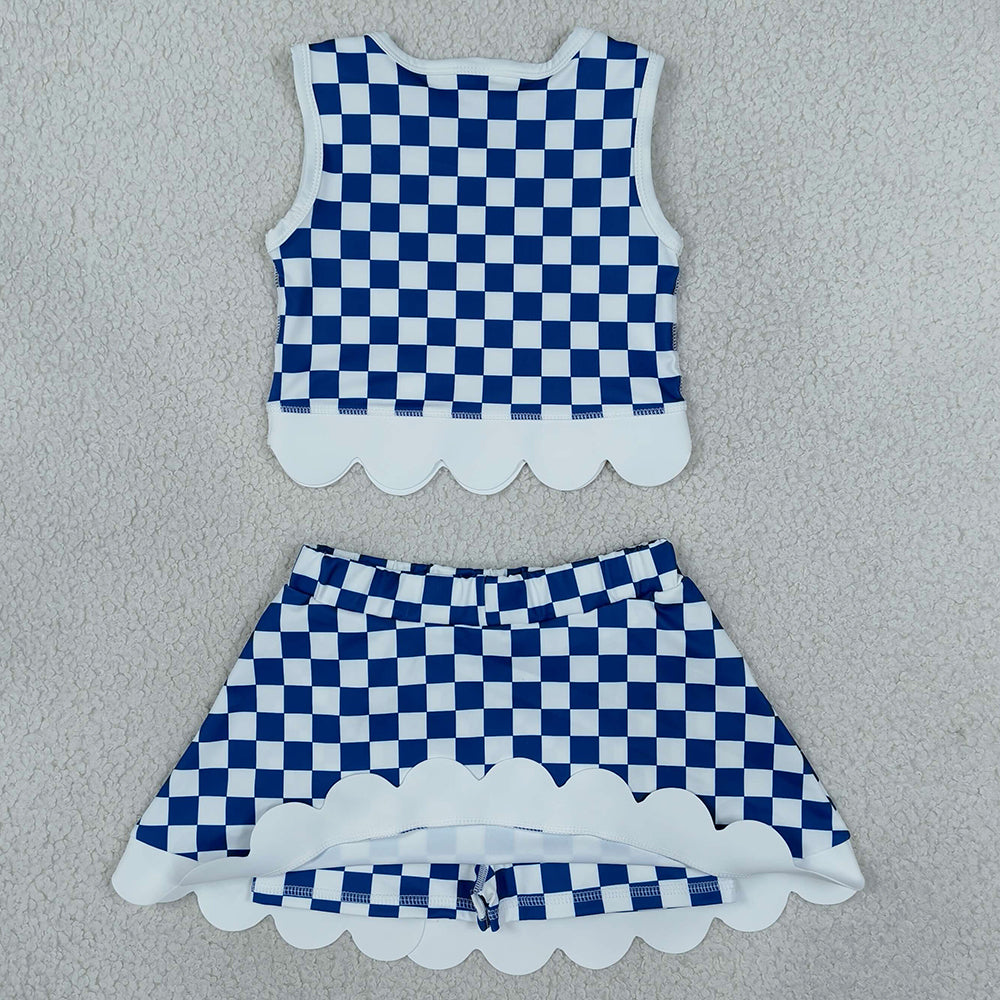 Baby Girls Clothes Blue Checked Kentucky Vest Bows Skirt Short Scallop Yoga Set GSD4283