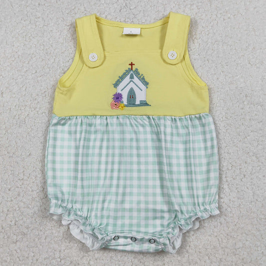 Baby Girls Rompers Embroidery Church Cross Flowers Checked Ruffle Rompers SR3704 1.5