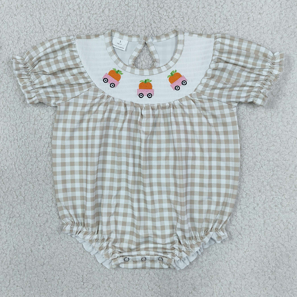 Baby Girls Rompers Smocked Pumpkins Trucks Khaki Checked Fall Ruffle Rompers SR4280