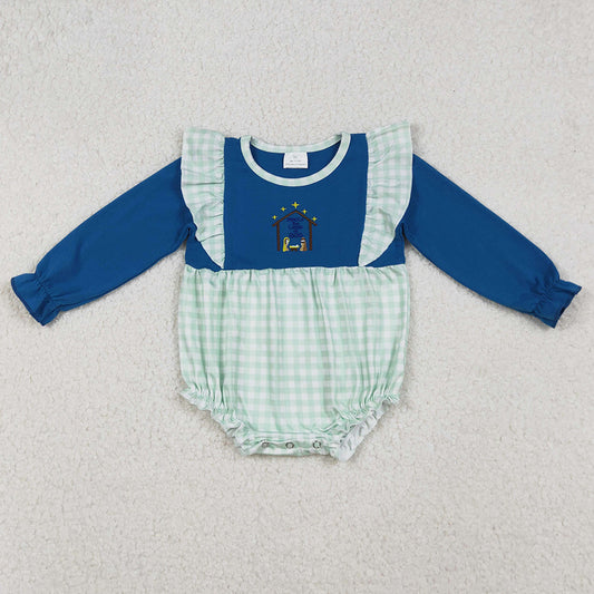 Baby Girls Rompers Long Ruffle Sleeve Nativity Embroidery Christmas Rompers LR2477 9.13