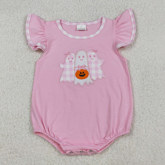 Baby Girls Rompers Pink Embroidery Ghost Pumpkins Halloween Ruffle Rompers SR3196 9.13