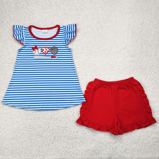 Embroidery Baby Girls Clothes Blue Stripes Baseballs Tunic Red Ruffle Shorts Sets GSSO2348 4.9