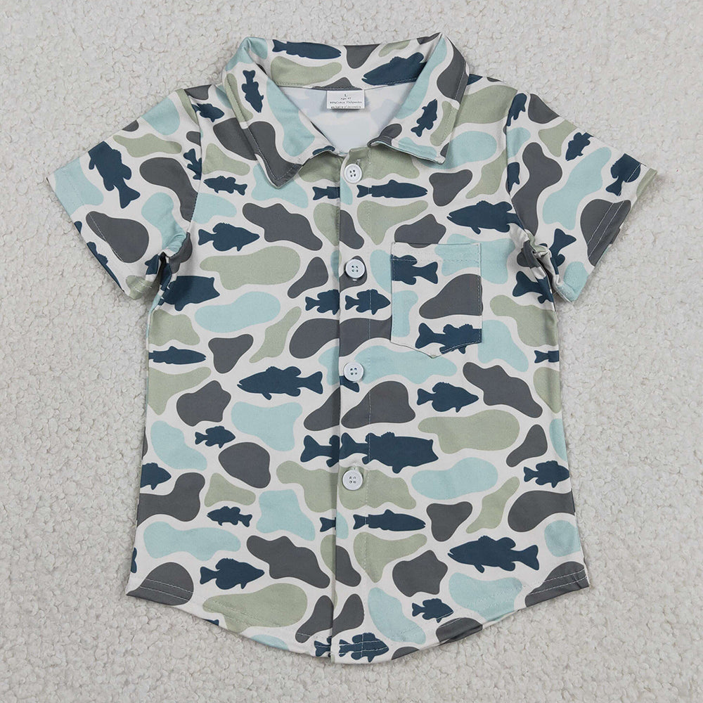 Baby Boys Clothes Southern Camo Fishes Hunting Button Pocket Shirts Top BT1787