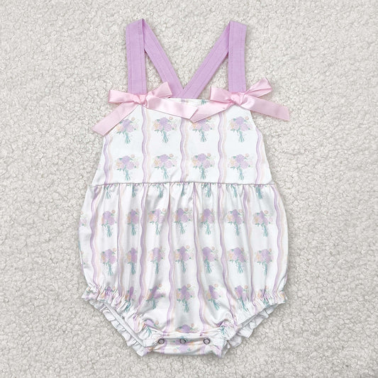 Baby Infant Girls Rompers Lavender Bows Strap Floral Stripe Ruffle Rompers SR2961 4.9