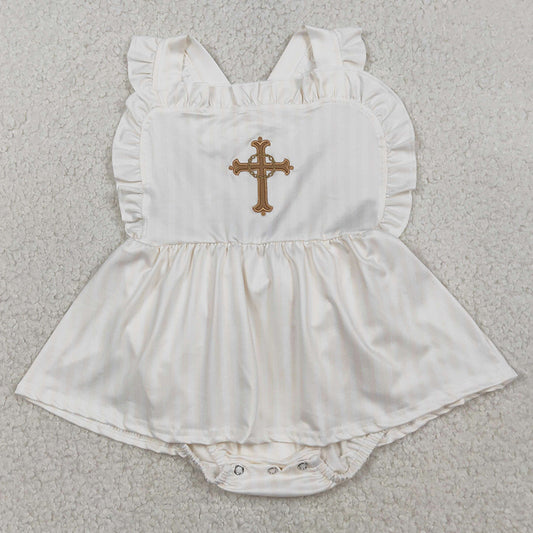 Baby Girls Rompers Embroidery Cross Strap Tunic Bummies Easter Ruffle Rompers SR3306