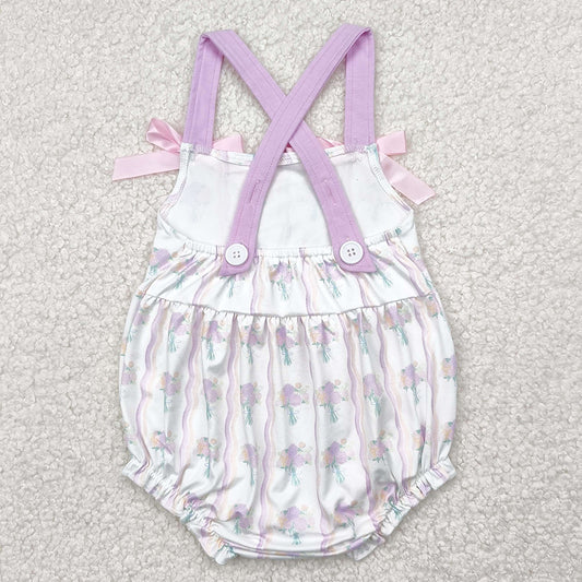 Baby Infant Girls Rompers Lavender Bows Strap Floral Stripe Ruffle Rompers SR2961 4.9