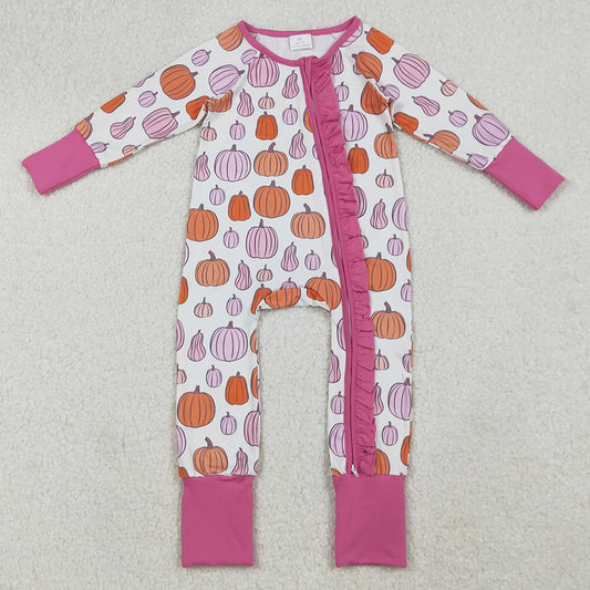 Baby Girls Rompers Colorful Pumpkins Fall Ruffle Zipper Footie Rompers LR2566 9.12