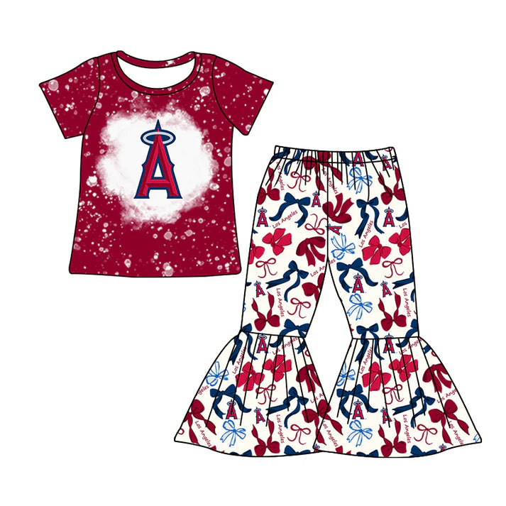 Preorder MOQ 5 bleached red A top bow pants girls team clothes 8.21