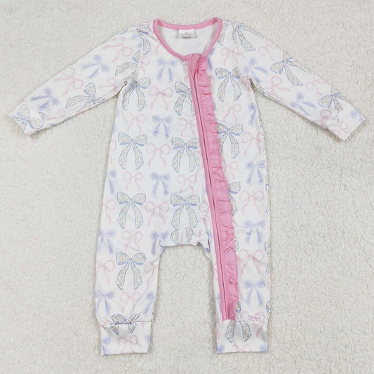 Baby Infant Girls Rompers Pink Ruffles Blue Bows Zip Rompers LR2158