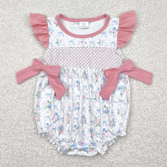 Embroidery Baby Infant Girls Rompers Pink Flutter Sleeves Floral Bows Top Ruffle Rompers SR2923 4.9