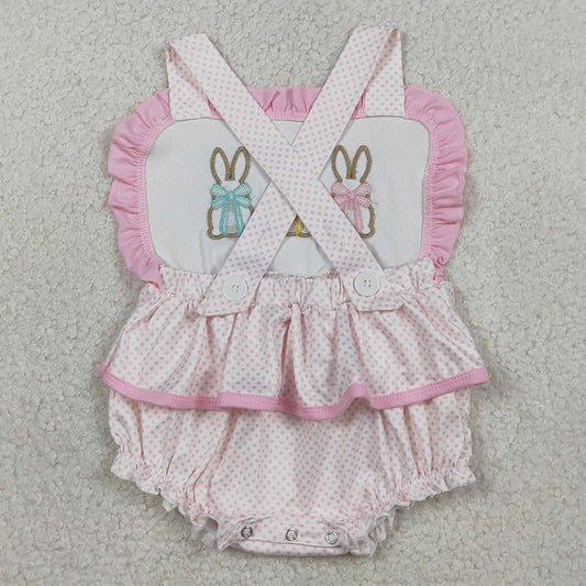 Baby Girls Clothes Embroidery Rabbits Strap Polka Dots Easter Ruffle Rompers SR3477