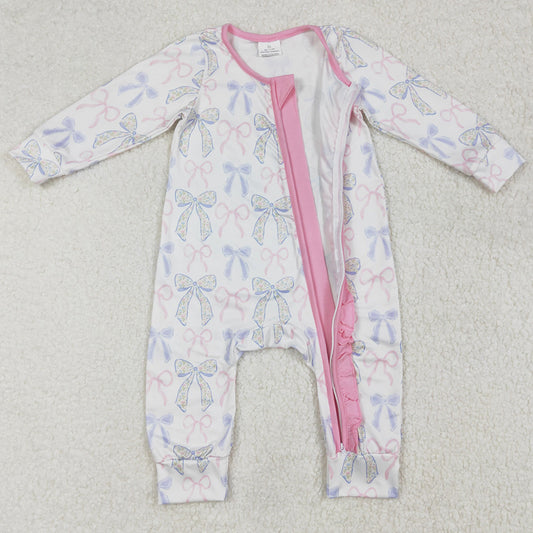 Baby Infant Girls Rompers Pink Ruffles Blue Bows Zip Rompers LR2158