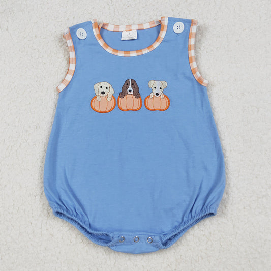Baby Boys Rompers Embroidery Dogs Pumpkins Blue Sleeveless Fall Rompers SR3190 9.12