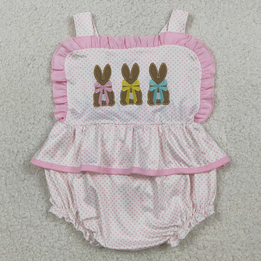 Baby Girls Clothes Embroidery Rabbits Strap Polka Dots Easter Ruffle Rompers SR3477
