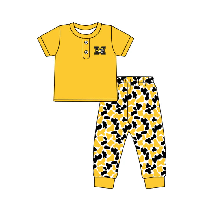Preorder (moq 5)Baby Boys Yellow M Tiger Button Top Camo Pants Team Clothes Sets 11.25