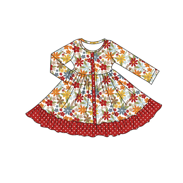Preorder moq 5 Baby Girls Long Sleeves Red Yellow Flowers Button Ruffle Knee Length Dresses 5.7