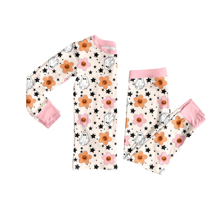 Preorder (moq 5)Baby Girls Ghost Flowers Top Pant Halloween Pajamas Set 8.5