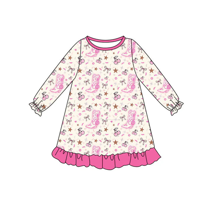 Preorder (moq 8)Baby Girls Pink Boots Cheers Ruffle Knee Length Dresses 9.8