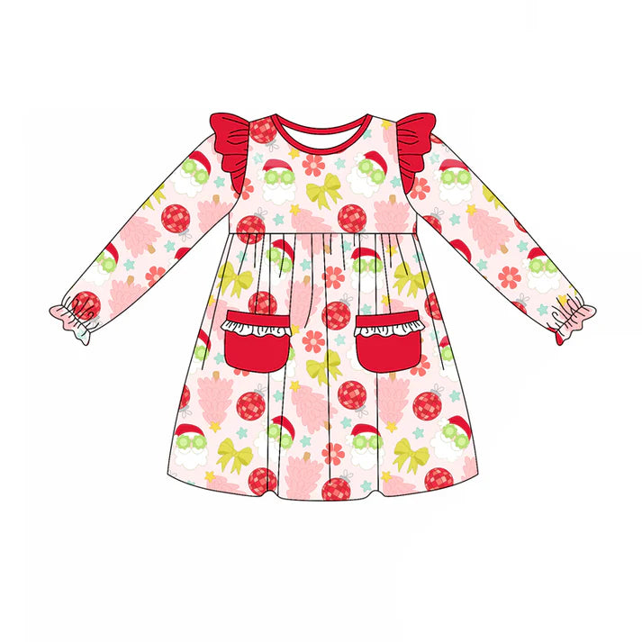 Preorder (moq 5)Baby Girls Christmas Tree Santa Disco Pockets Ruffle Knee Length Dresses 8.12