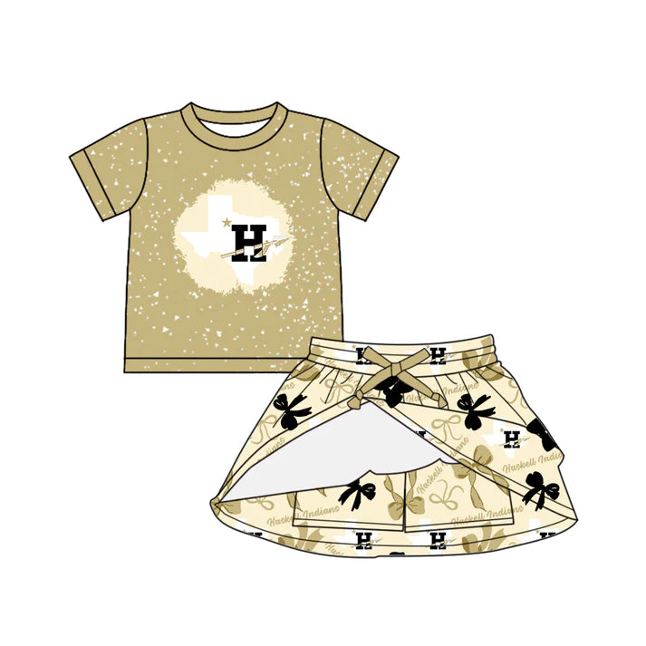 Preorder (moq 5)Baby Girls Short Sleeves Haskell Indians Top Bows Plaid Skorts Team Set 6.30