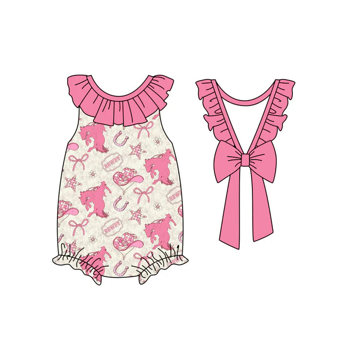 Preorder(moq 5)Baby Infant Girls Pink Sleeveless Horse Rodeos Backless Bow Ruffle Rompers 5.15