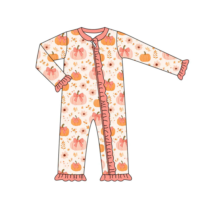 Preorder (moq 5)Baby Girls Long Sleeves Bows Pumpkins Flowers Ruffle Zipper Romper 7.4