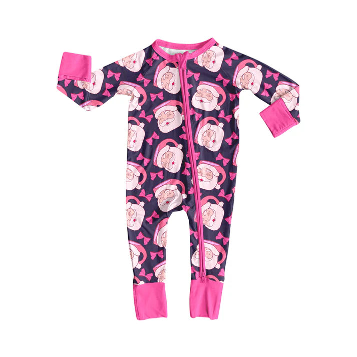 Preorder(moq 5)Baby Boys Pink Santa Bows Plaid Christmas Zipper Footie Rompers 8.15