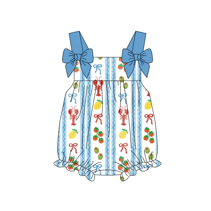 Preorder (moq 5)Baby Girls Strap Crayfishes Fruits Stripe Ruffle Rompers 12.6