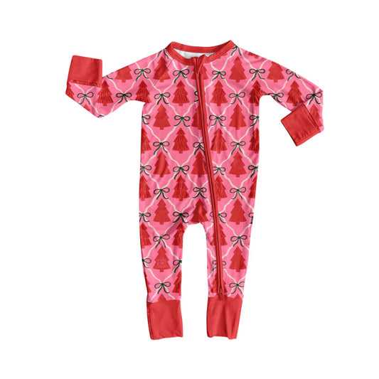 Preorder (moq 5)Baby Girls Red Long Sleeves Bows Trees Plaid Zipper Pant Rompers 6.13