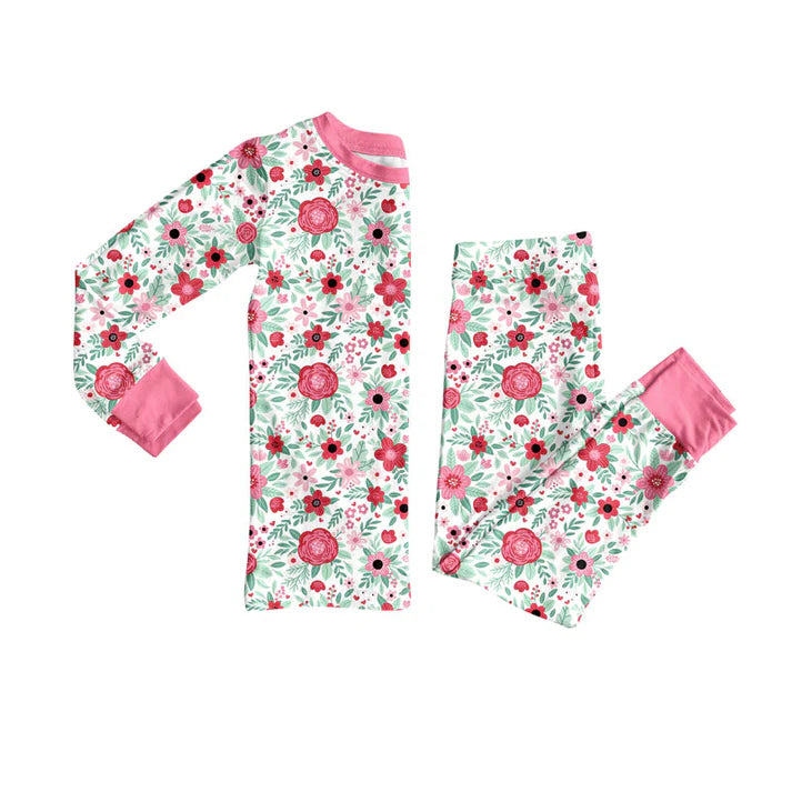 Preorder (moq 8)Baby Girls Long Sleeve Pink Flowers Bows Top Pant Pajamas Sets 9.12
