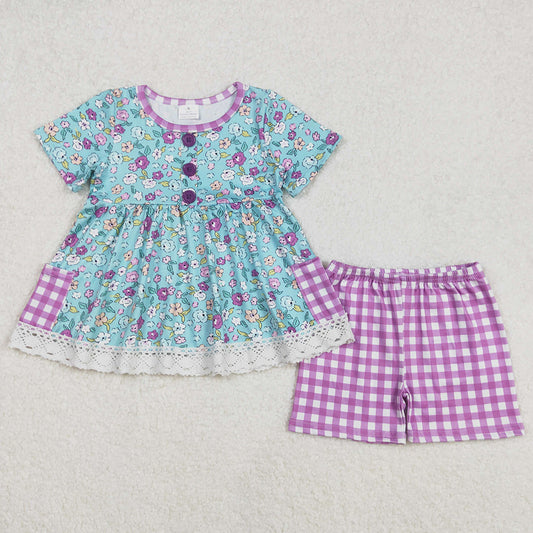 Baby Girls Clothes Blue Flowers Pockets Tunic Shorts Clothes Sets GSSO2011 3.3