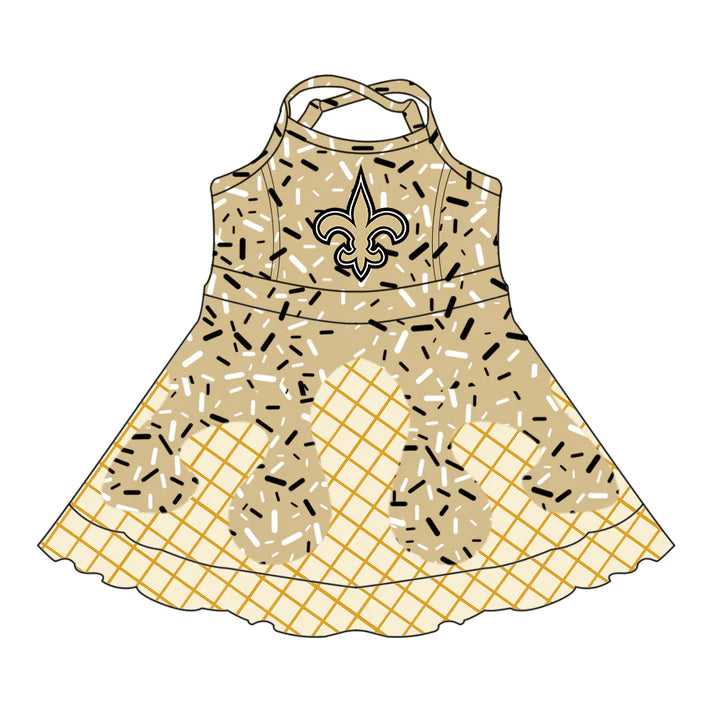 Preorder (moq 5)Baby Girls Strap Drip Yellow Anchors Shorts Ruffle Team Knee Length Dresses 6.30
