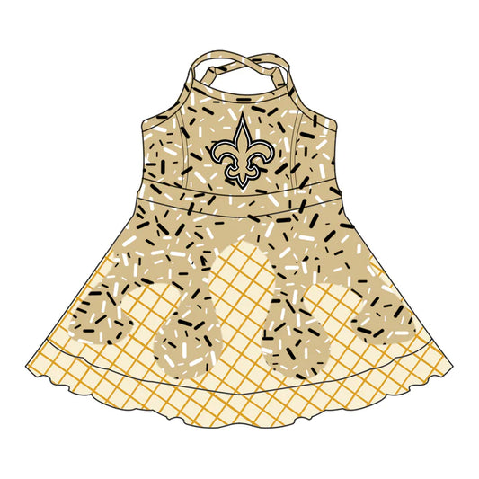 Preorder (moq 5)Baby Girls Strap Drip Yellow Anchors Shorts Ruffle Team Knee Length Dresses 6.30
