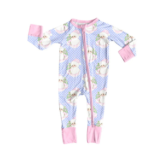 Preorder (moq 5)Baby Girls Long Sleeves Pink Polka Dots Santa Plaid Zipper Romper 7.4
