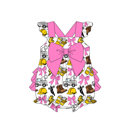 Preorder (moq 5)Baby Girls Hot Pink Flutter Sleeves Line Men Bows Ruffle Bubble Rompers 5.13