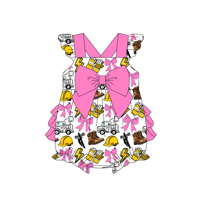 Preorder (moq 5)Baby Girls Hot Pink Flutter Sleeves Line Men Bows Ruffle Bubble Rompers 4.26