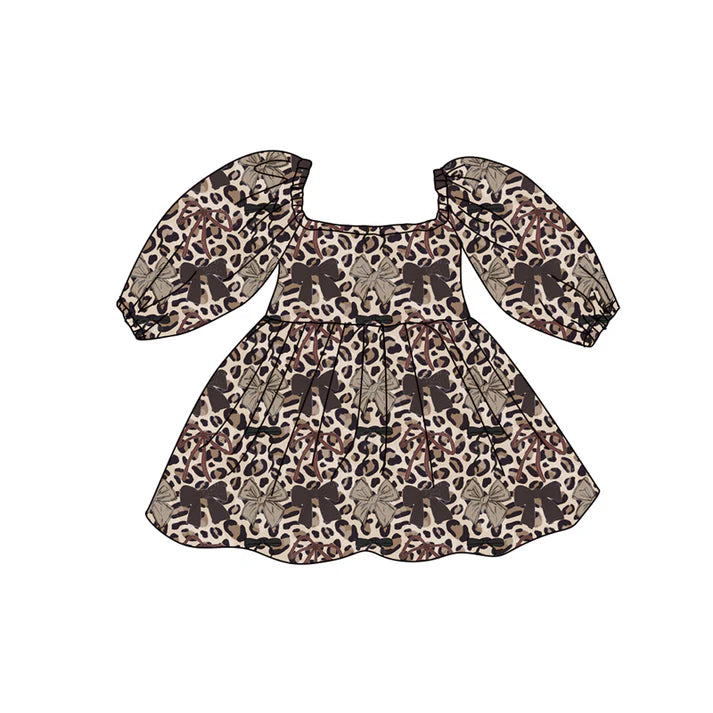 Preorder (moq 5)Baby Girls Leopard Bows Western Knee Length Dresses 12.15