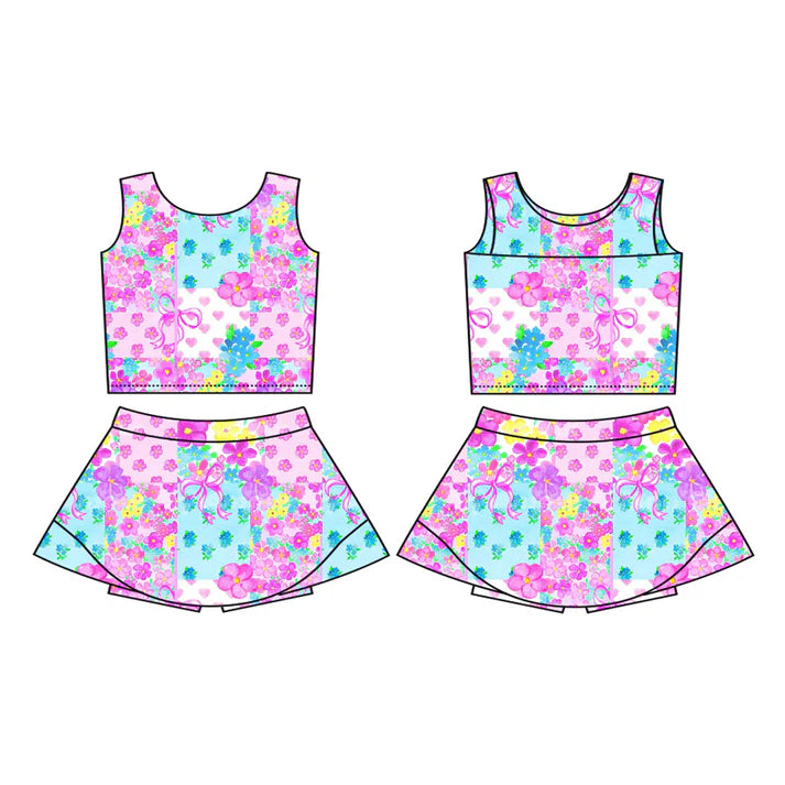 Preorder (moq 5)Baby Girls Hearts Flowers Checked Vest Skirt Shorts Valentines Clothes Sets 12.2